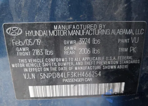 2019 Hyundai Elantra Sel from USA, damaged, VIN 5NPD84LF3KH466254